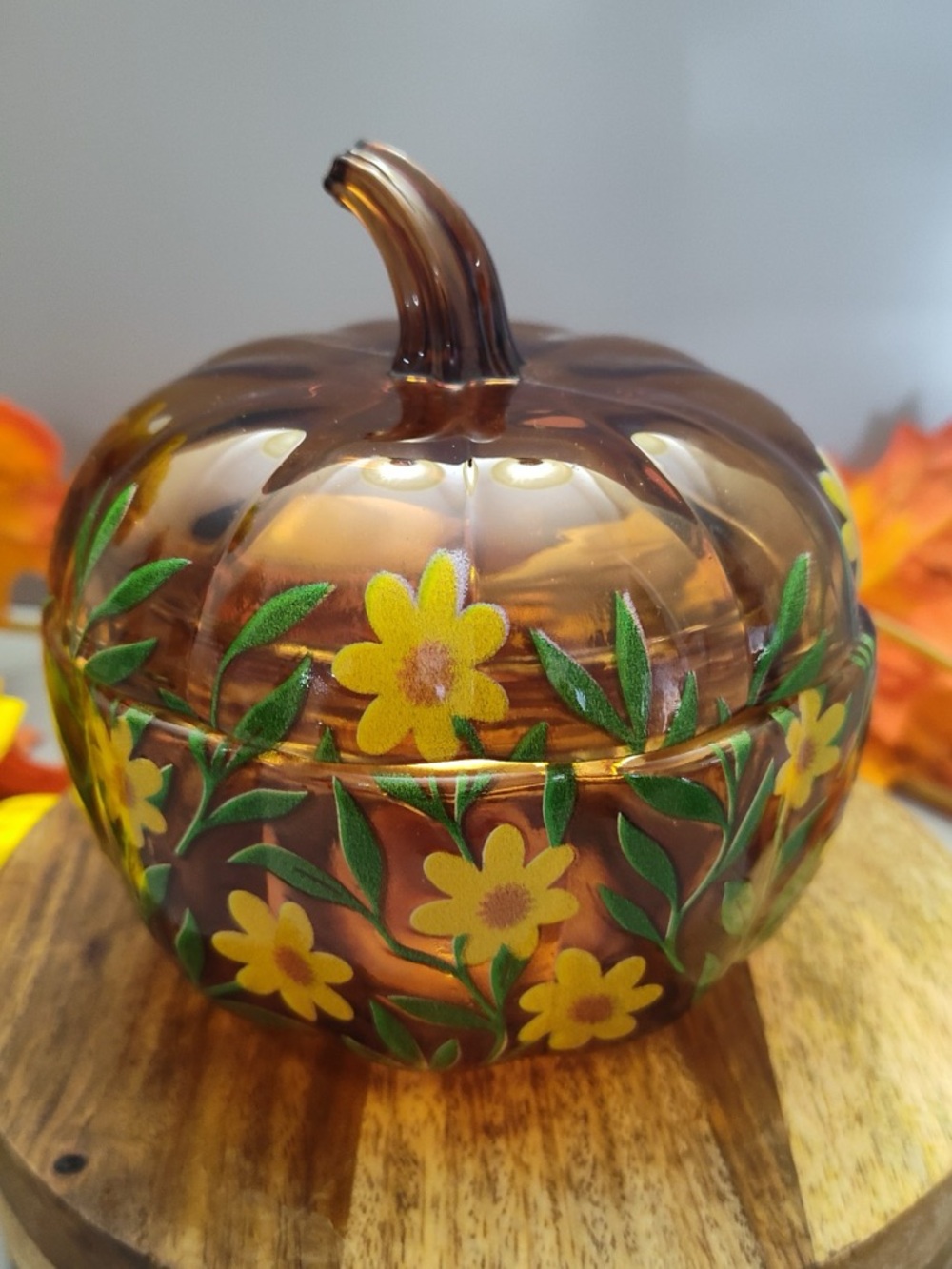 Amber Glass Pumpkin Trinket Jar Floral Fall Decor - Picture 5 of 6